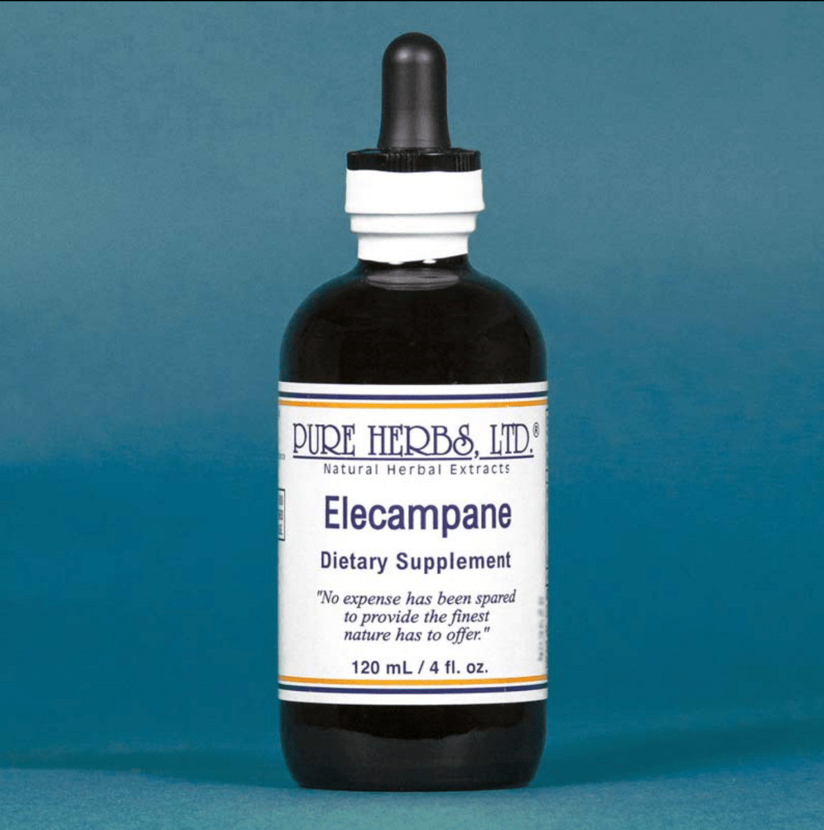 A bottle of Pure Herbs Ltd. Elecampane dietary supplement, featuring a dark amber glass bottle with a white label and a black dropper cap, set against a solid blue background.