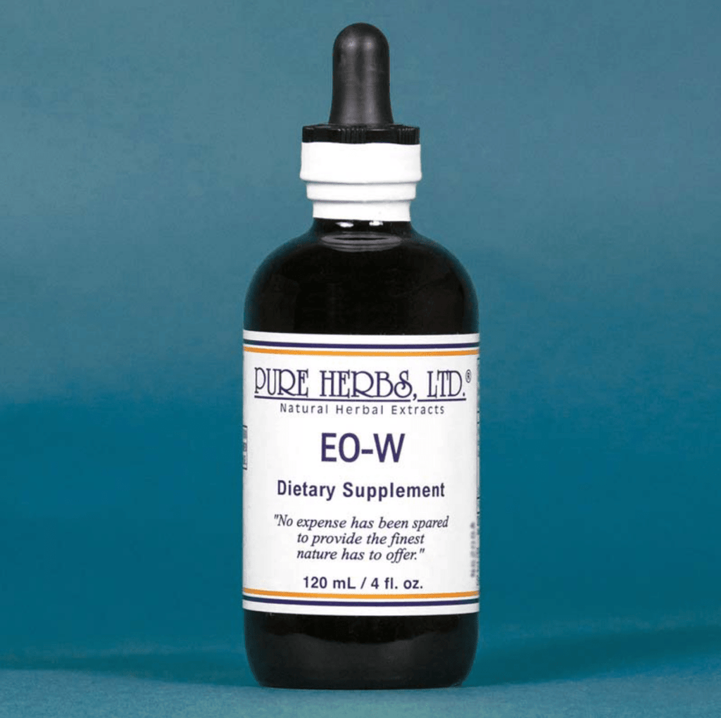 A dark amber glass dropper bottle of Pure Herbs Ltd. EO-W Dietary Supplement, featuring a white label and black dropper cap, set against a solid blue background.