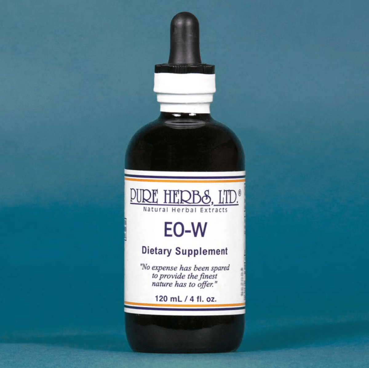 A dark amber glass dropper bottle of Pure Herbs Ltd. EO-W Dietary Supplement, featuring a white label and black dropper cap, set against a solid blue background.