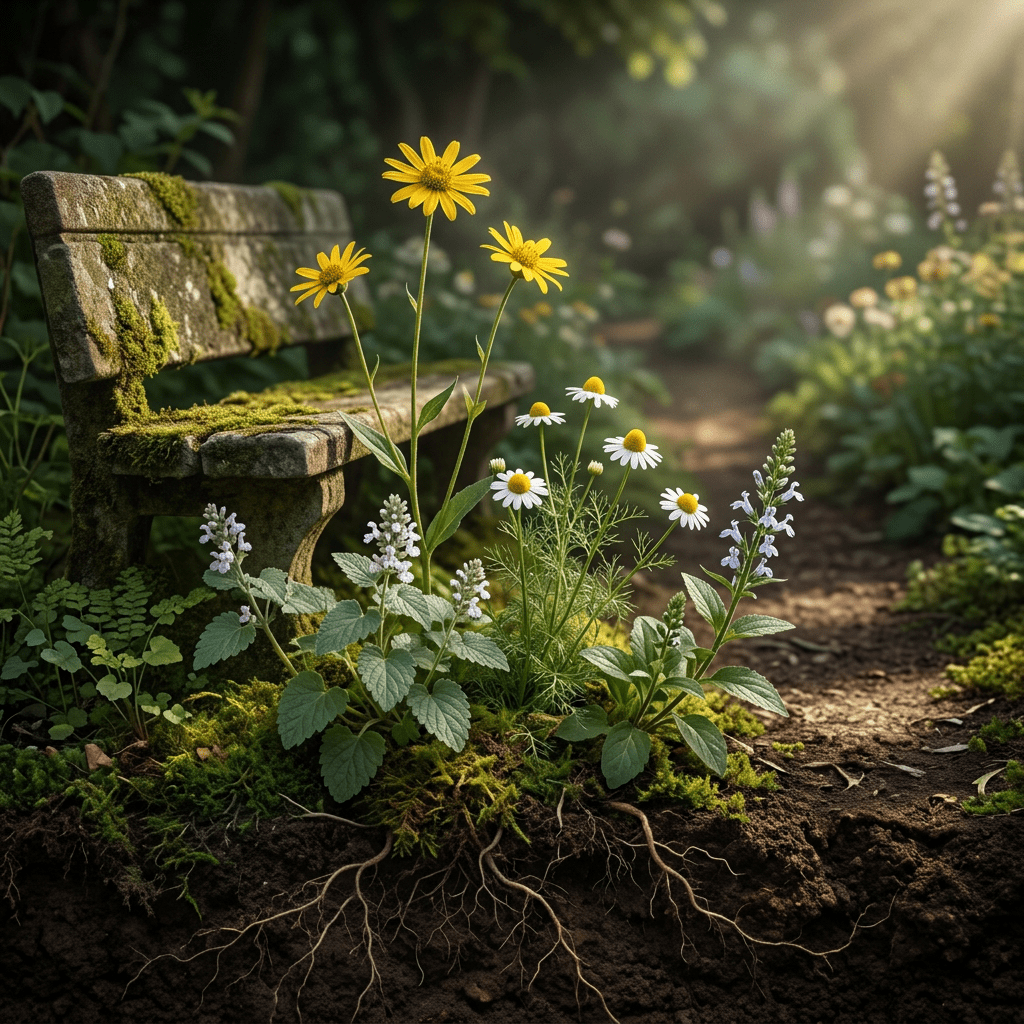 EO-W botanicals beside a mossy garden bench