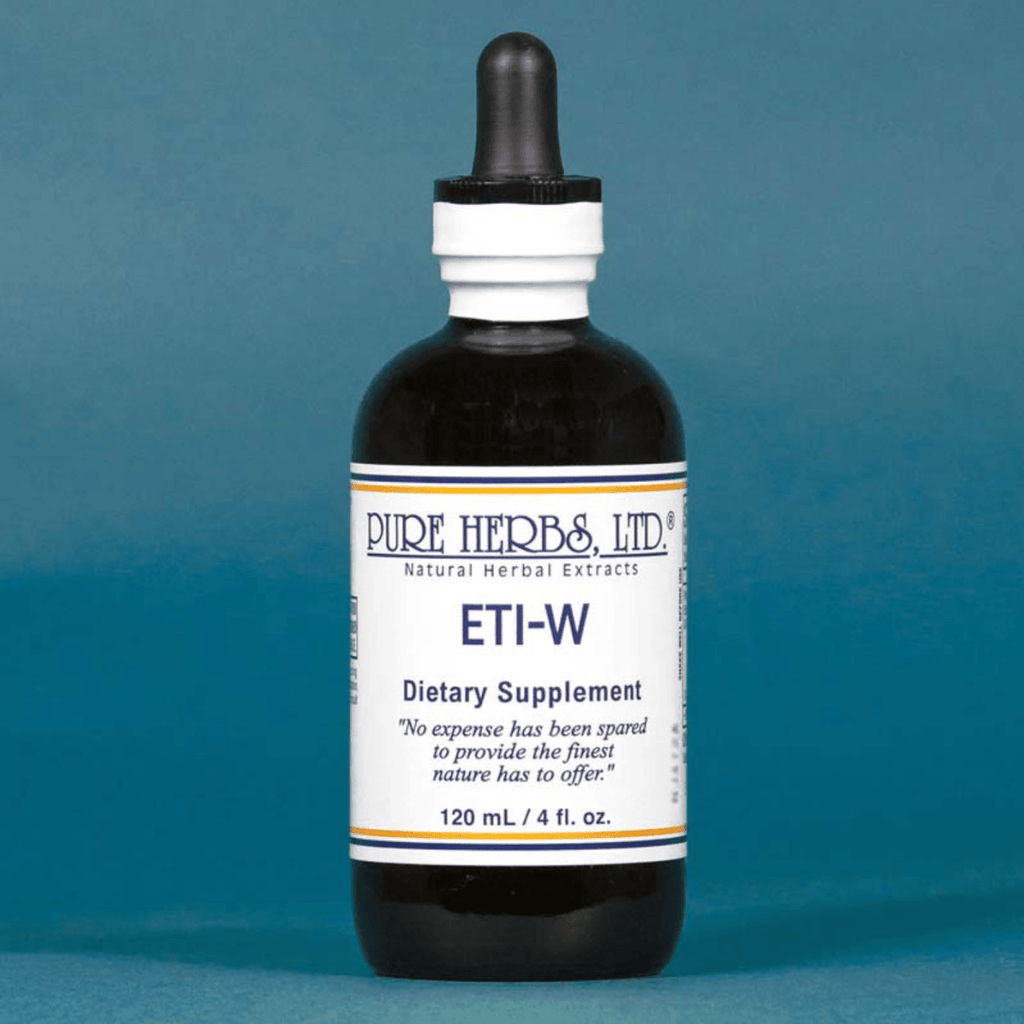 A dark amber glass dropper bottle of Pure Herbs, Ltd. ETI-W dietary supplement, featuring a white label with blue text, set against a solid blue background.