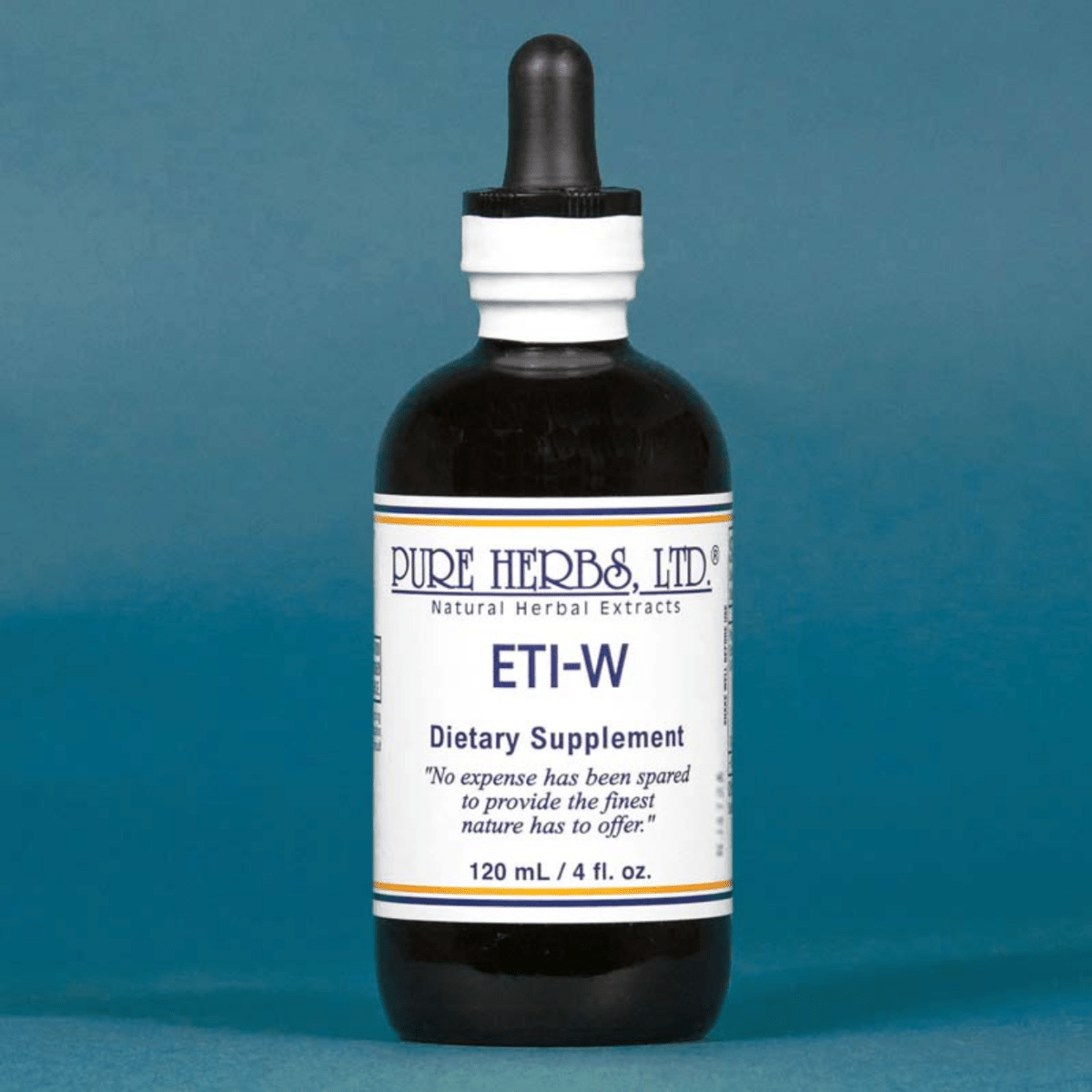 A dark amber glass dropper bottle of Pure Herbs, Ltd. ETI-W dietary supplement, featuring a white label with blue text, set against a solid blue background.