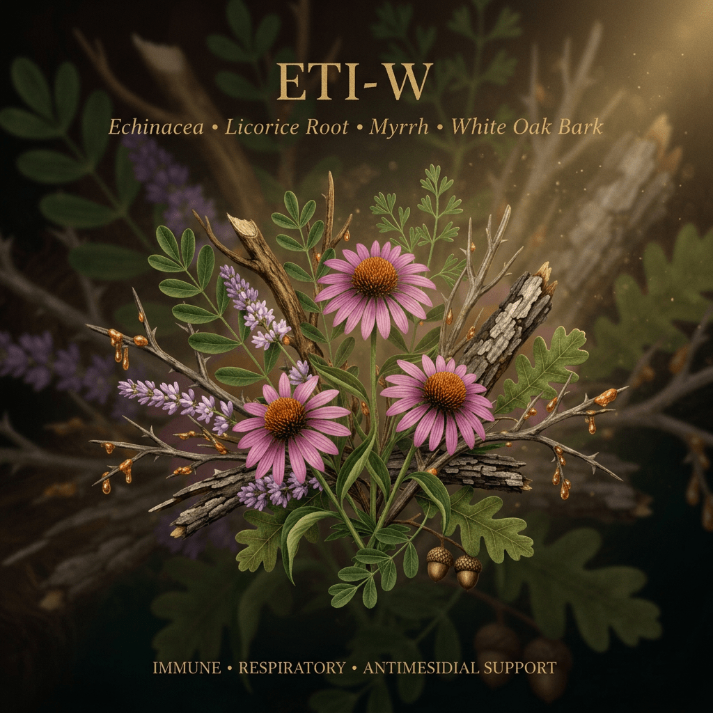 ETI-W botanical editorial image with gold serif text