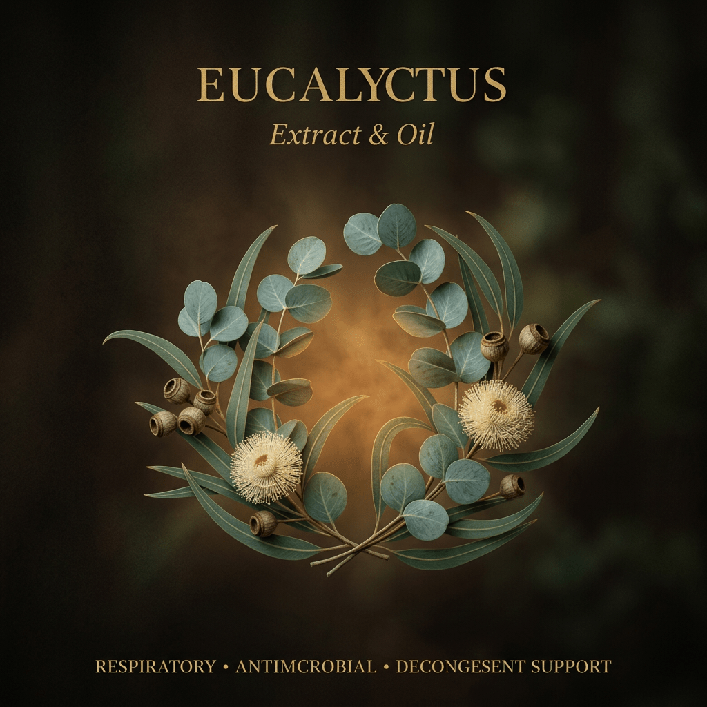 Eucalyptus editorial botanical image with gold serif text