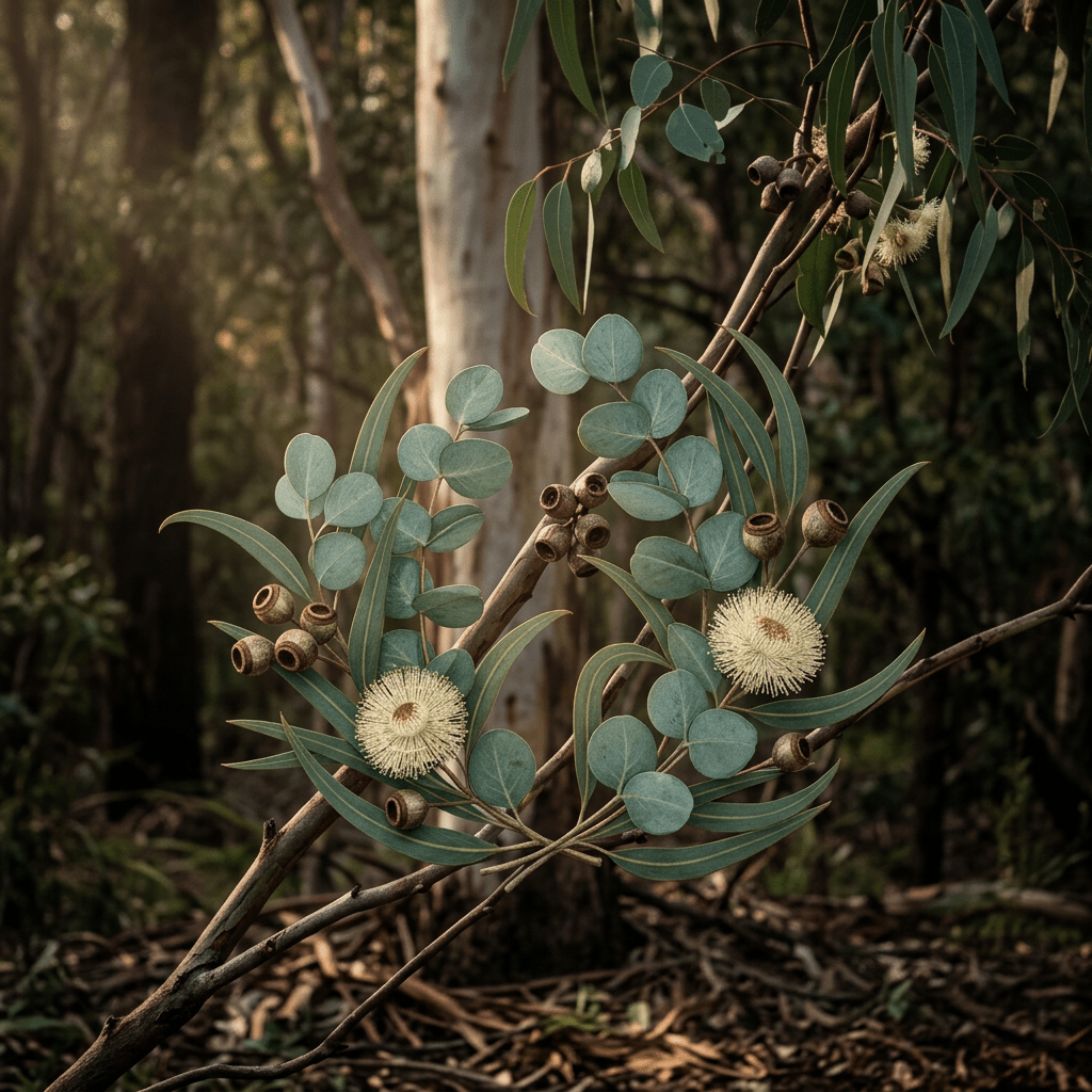 Eucalyptus growing naturally in a moody woodland