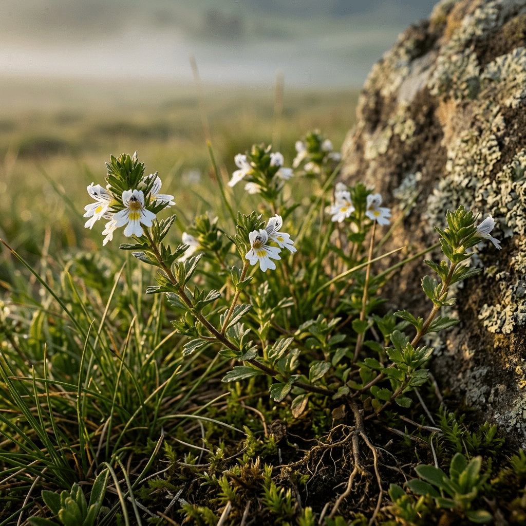 Eyebright growing beside a lichen-covered meadow rock