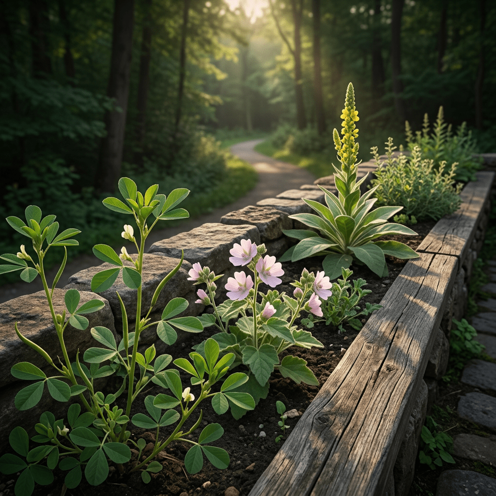 Fenugreek Combination botanicals in a stone-bordered herb garden