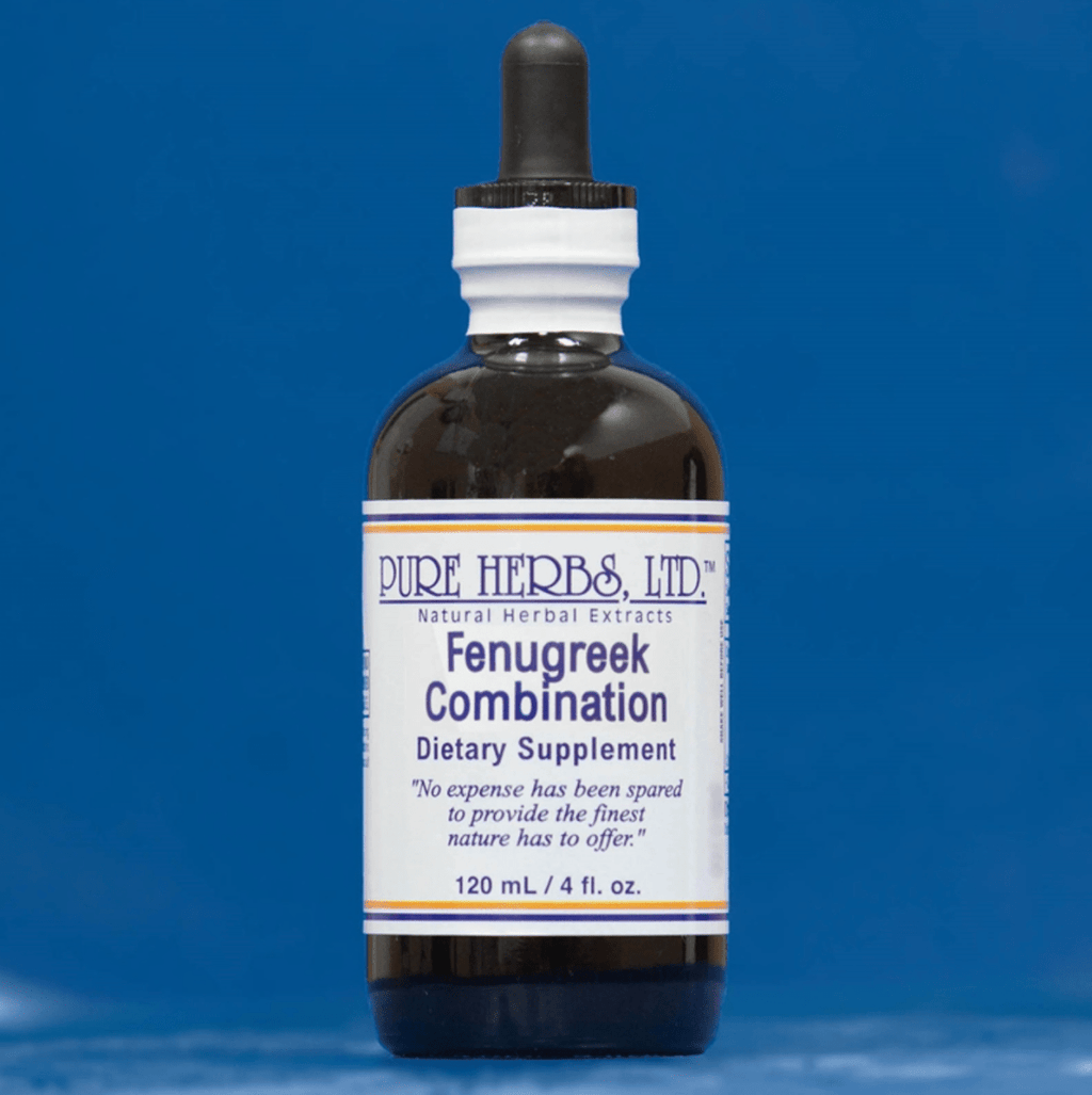 A 120 mL bottle of Pure Herbs Ltd. Fenugreek Combination dietary supplement, featuring a dark amber glass bottle, white label, and black dropper cap, set against a solid blue background.