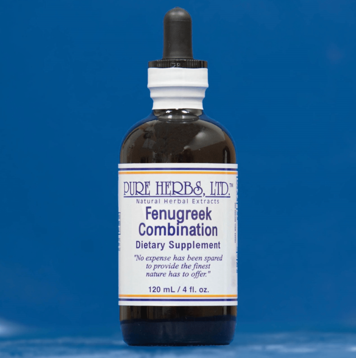 A 120 mL bottle of Pure Herbs Ltd. Fenugreek Combination dietary supplement, featuring a dark amber glass bottle, white label, and black dropper cap, set against a solid blue background.