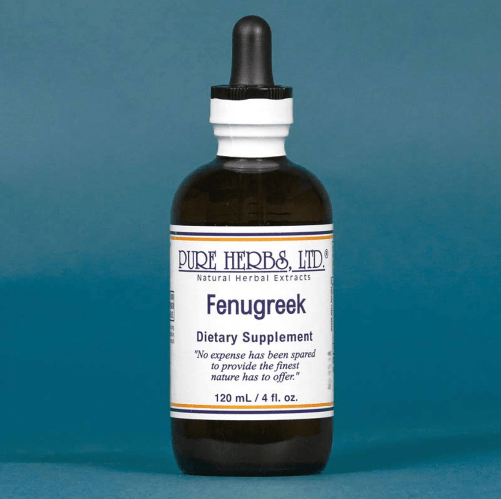 A dark amber glass dropper bottle of Pure Herbs, Ltd. Fenugreek dietary supplement, set against a solid blue background.