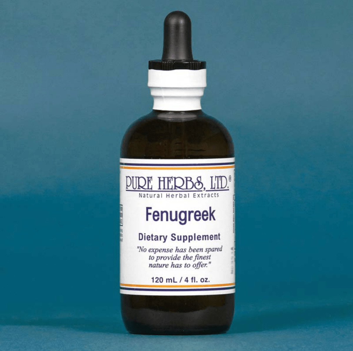 A dark amber glass dropper bottle of Pure Herbs, Ltd. Fenugreek dietary supplement, set against a solid blue background.