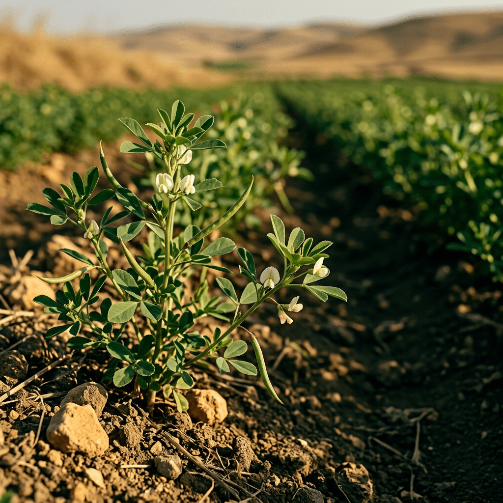 Fenugreek growing along a sunlit field margin