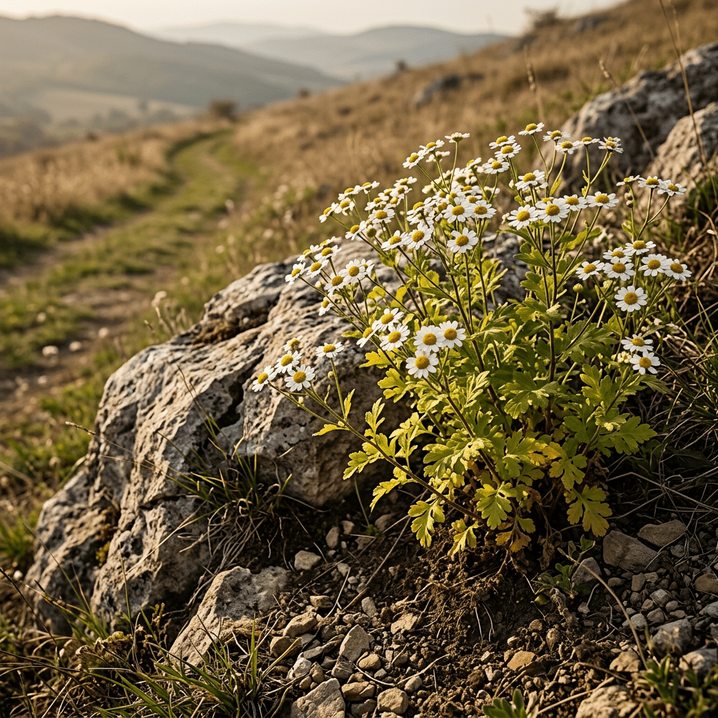 Feverfew growing on a rocky meadow slope