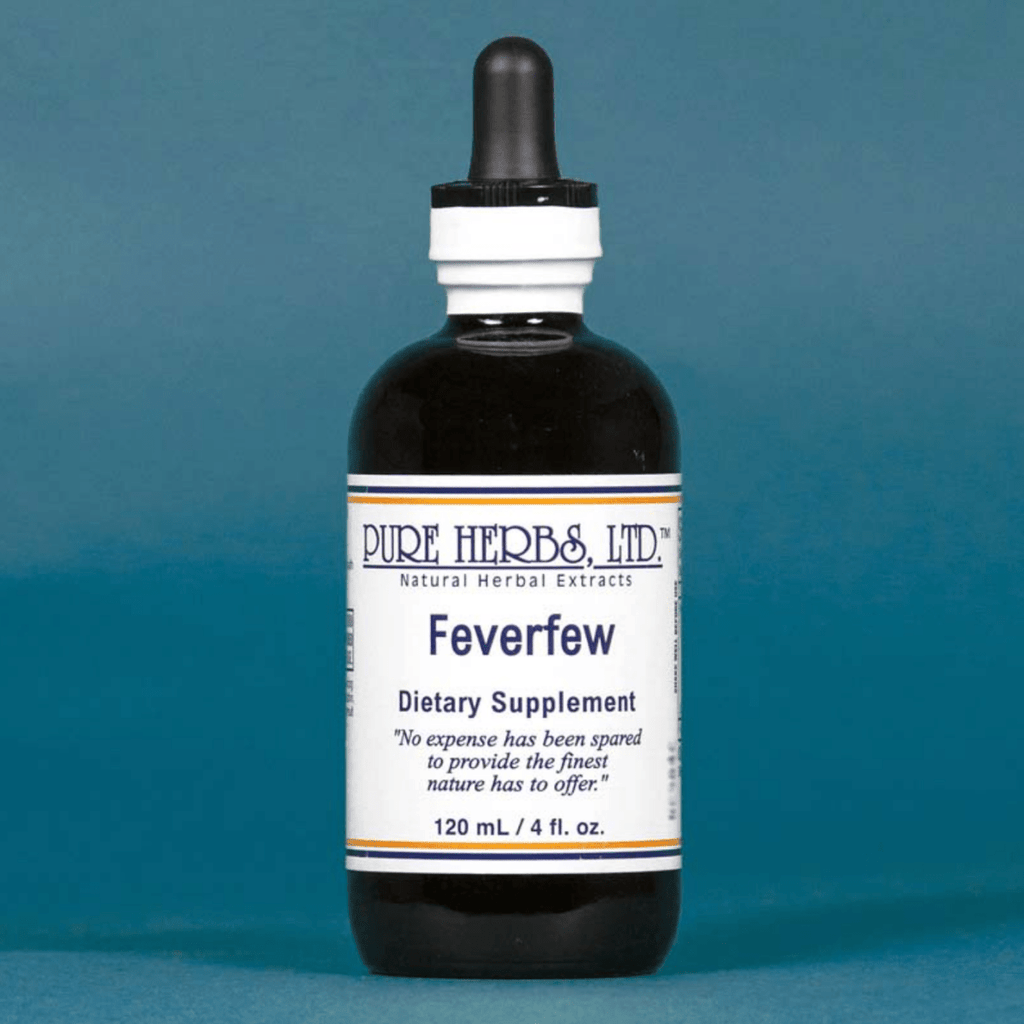 A 120 mL dark amber glass dropper bottle of Pure Herbs Ltd. Feverfew dietary supplement, featuring a white label with blue text and a black dropper cap, set against a solid blue background.