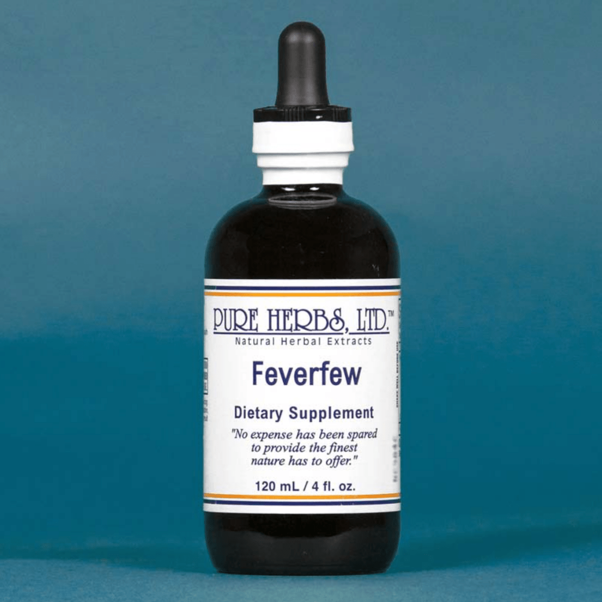 A 120 mL dark amber glass dropper bottle of Pure Herbs Ltd. Feverfew dietary supplement, featuring a white label with blue text and a black dropper cap, set against a solid blue background.