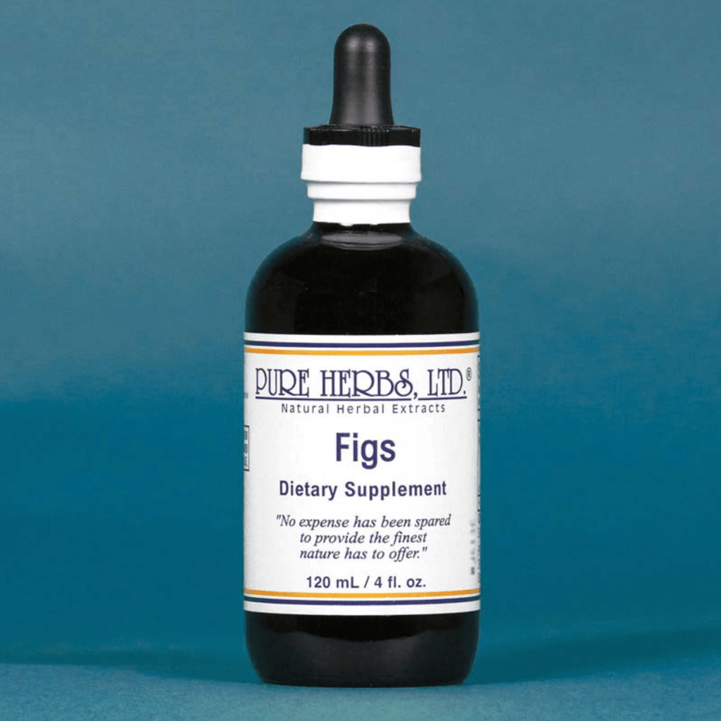 A 120 mL bottle of Pure Herbs & Ltd. Figs Dietary Supplement, featuring a dark amber glass bottle with a black dropper cap and a white label, set against a solid blue background.
