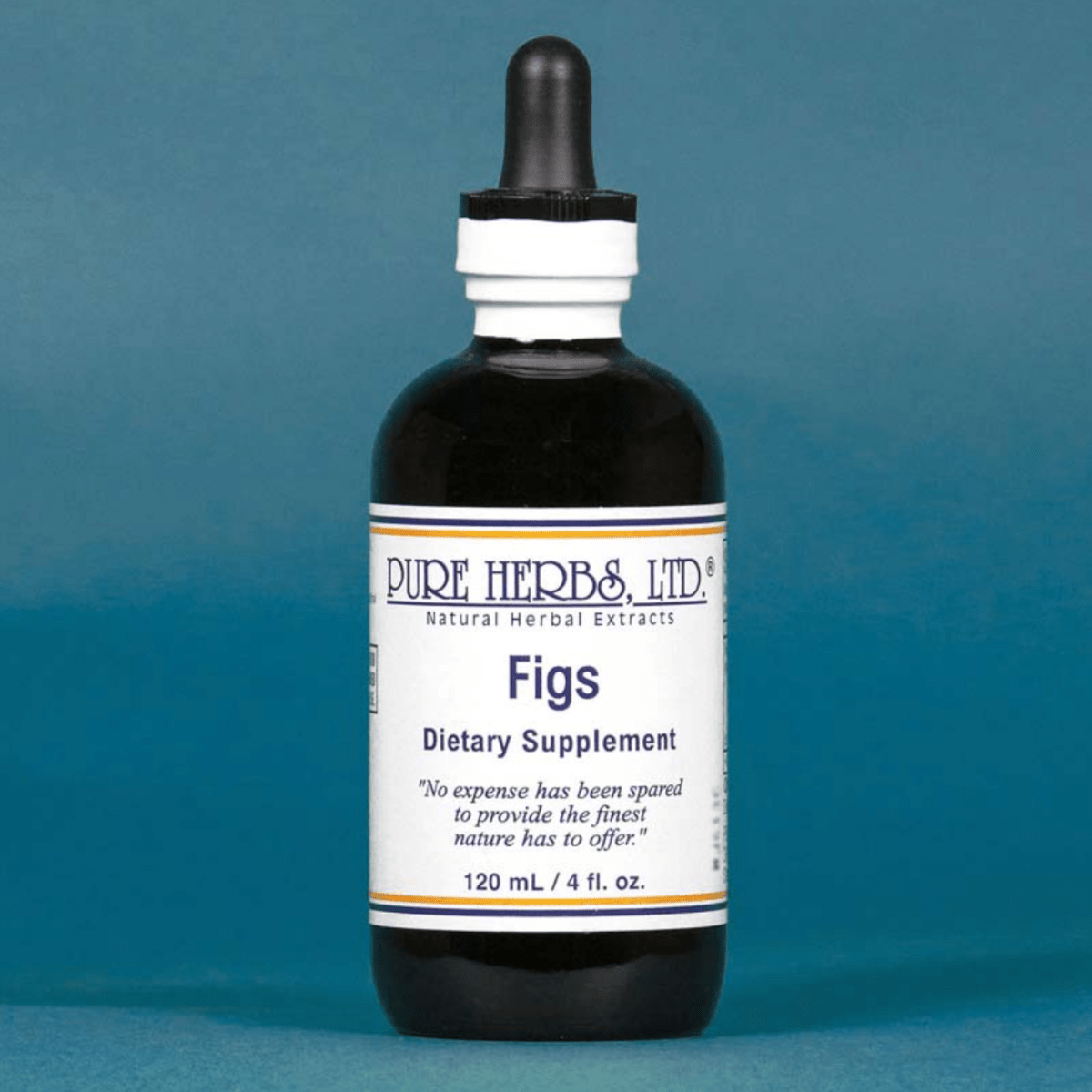 A 120 mL bottle of Pure Herbs & Ltd. Figs Dietary Supplement, featuring a dark amber glass bottle with a black dropper cap and a white label, set against a solid blue background.