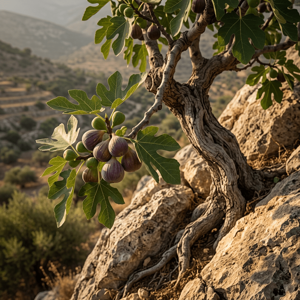 Fig tree growing on a rocky Mediterranean hillside