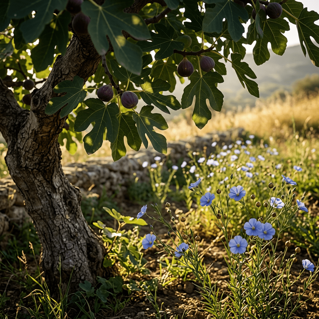 Figs and flax growing along an orchard border