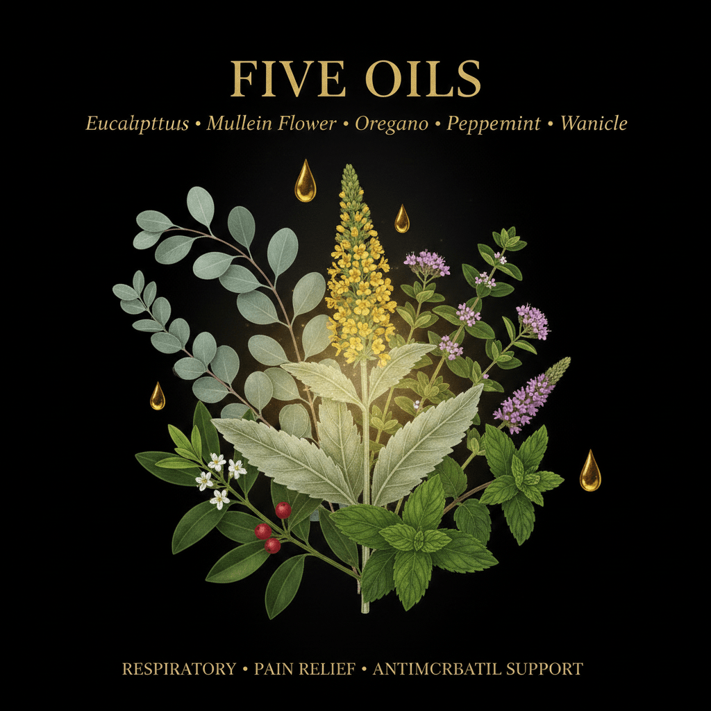Five Oils – Respiratory, Pain Relief & Antimicrobial Blend | Eucalyptus, Mullein Flower, Oregano, Peppermint & Wintergreen, Tincture, Futures ETC