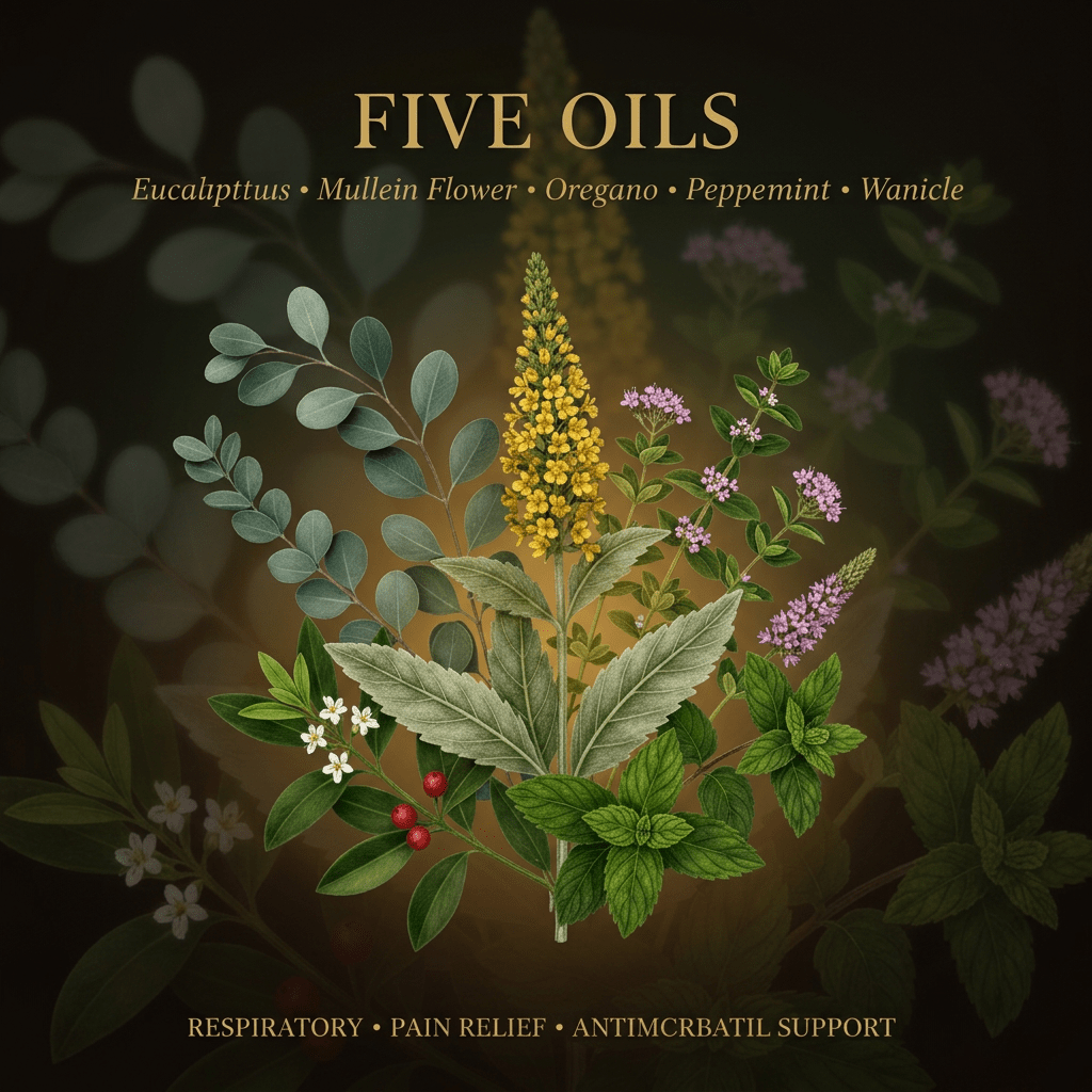 Five Oils botanical editorial image with gold serif text