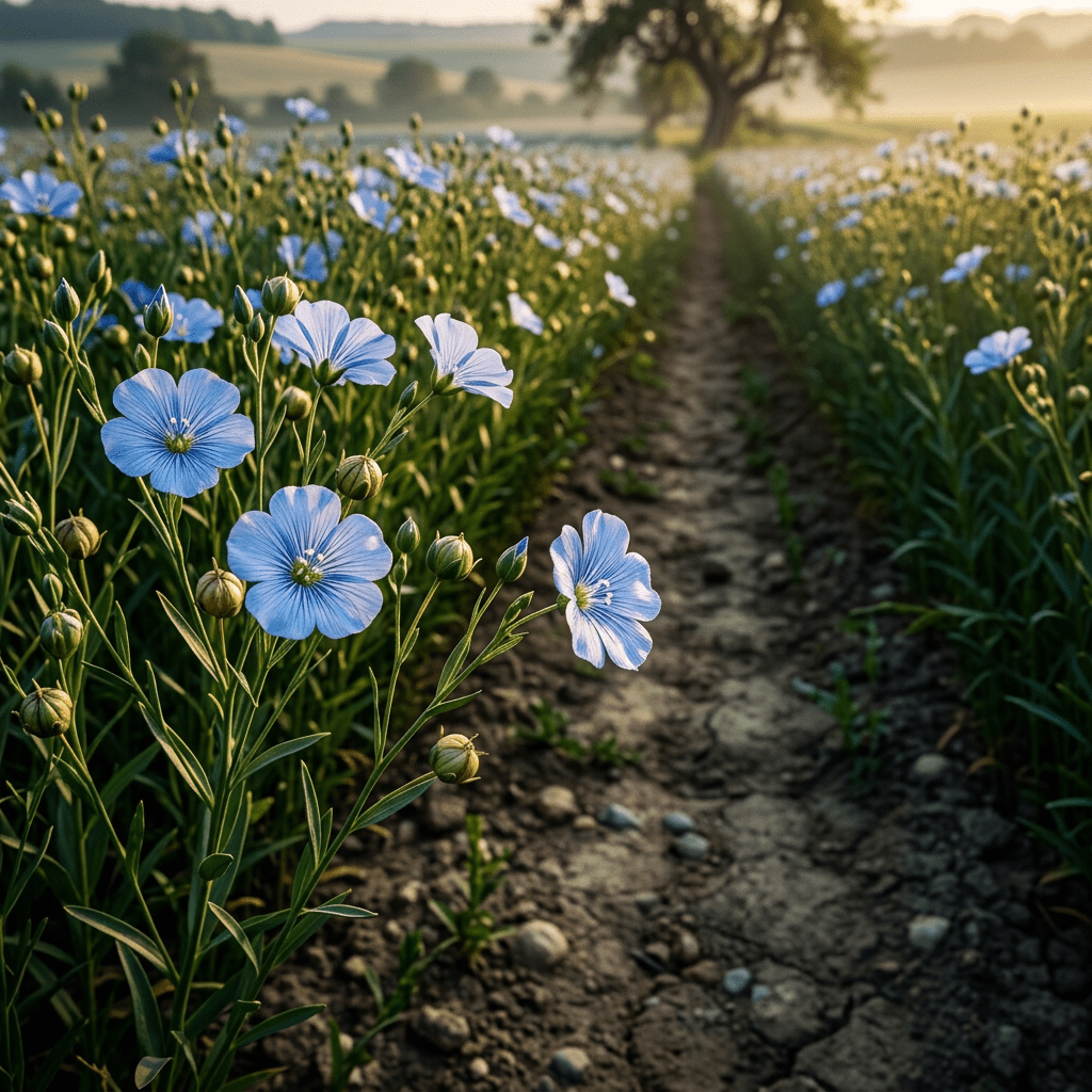 Flax growing beside a golden-lit field path