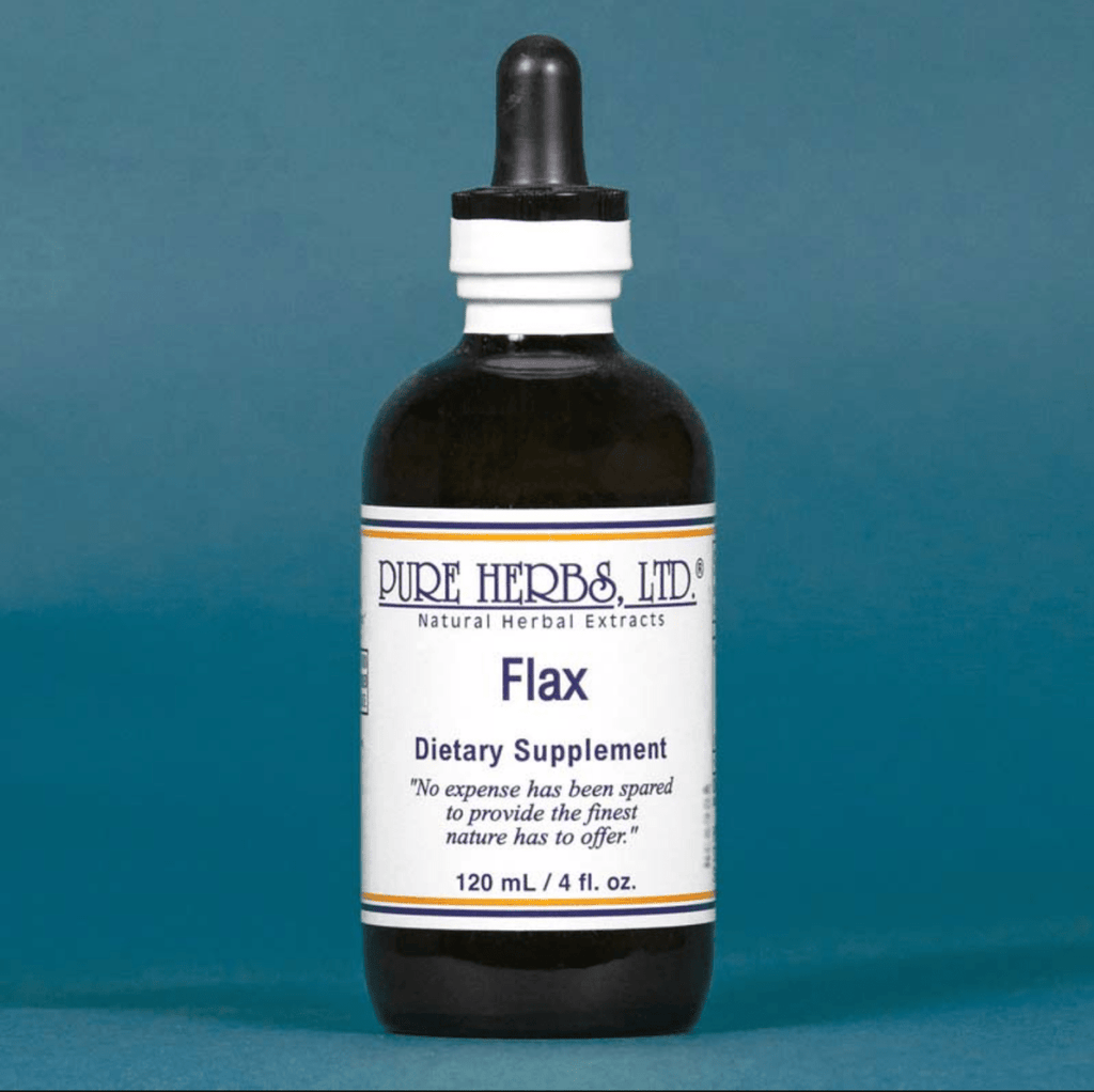 A dark amber glass bottle of Pure Herbs Ltd. Flax dietary supplement with a white label and black dropper cap, set against a solid blue background.