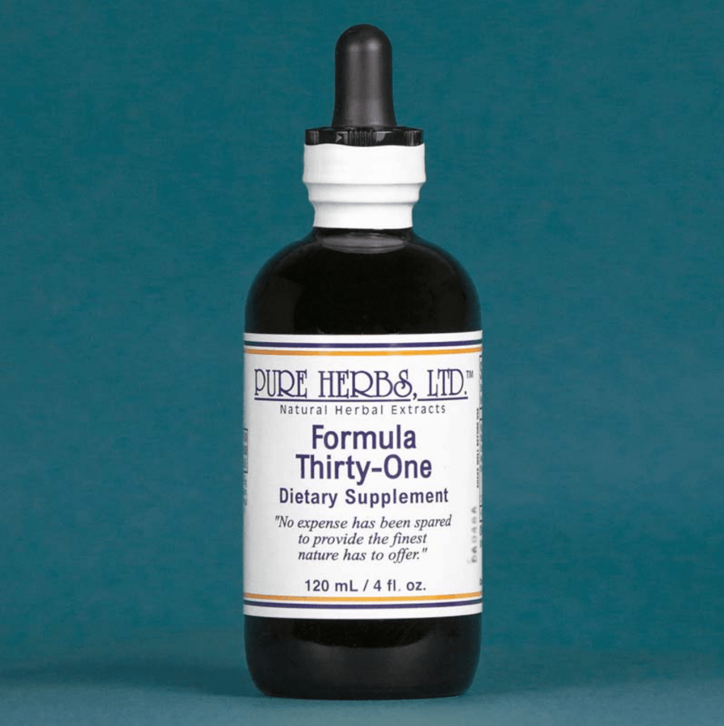 A 120 mL bottle of Pure Herbs, Ltd. Formula Thirty-One dietary supplement, featuring a dark amber glass bottle, white label, and black dropper cap, set against a solid teal background.