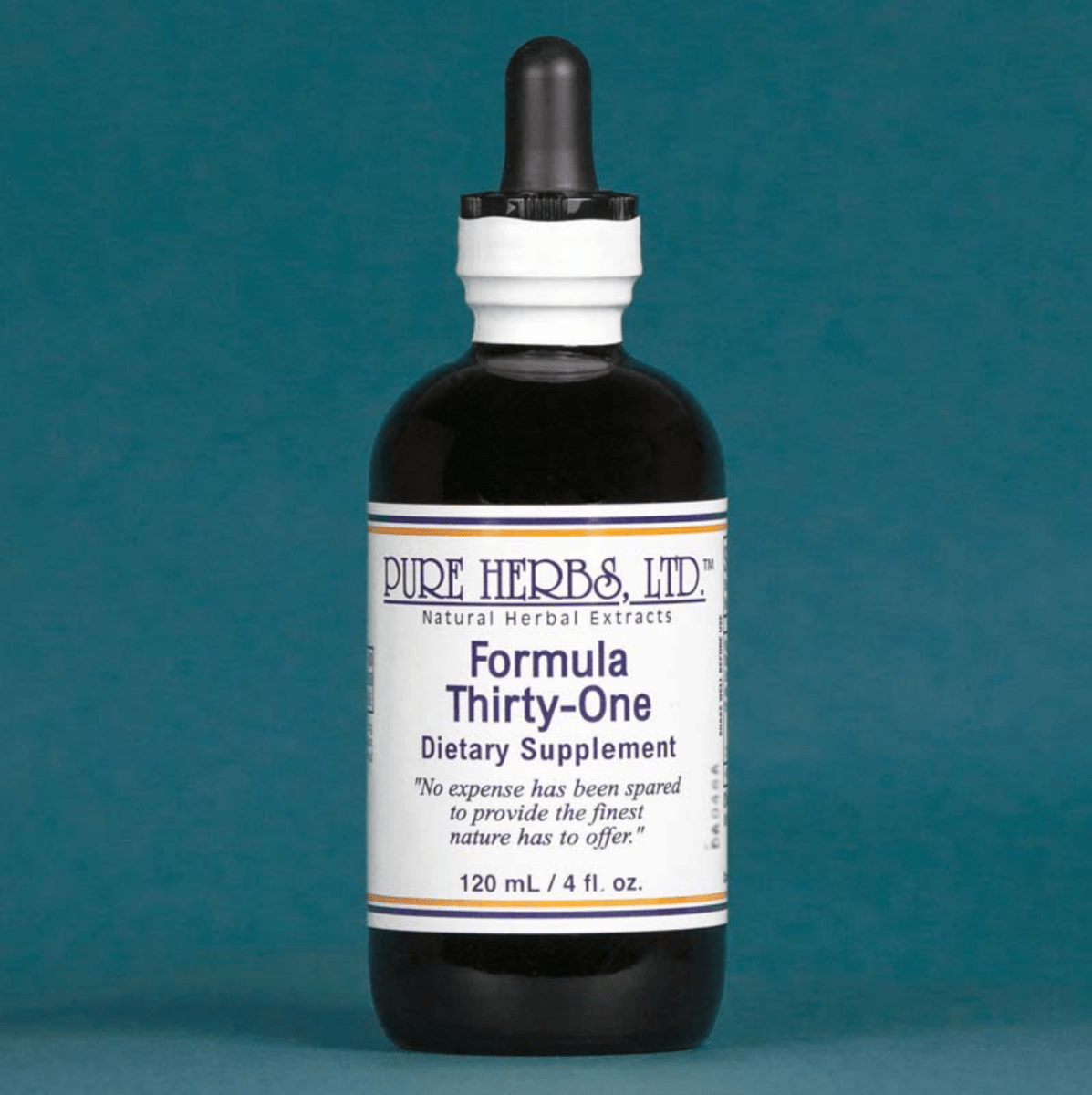 A 120 mL bottle of Pure Herbs, Ltd. Formula Thirty-One dietary supplement, featuring a dark amber glass bottle, white label, and black dropper cap, set against a solid teal background.