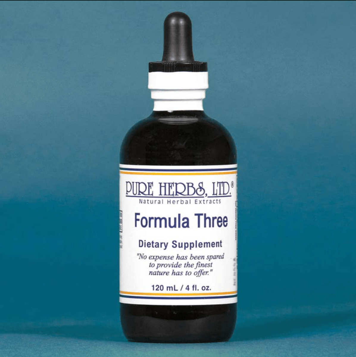A dark amber glass dropper bottle of Pure Herbs Ltd. Formula Three dietary supplement, featuring a white label with blue text, set against a solid blue background.