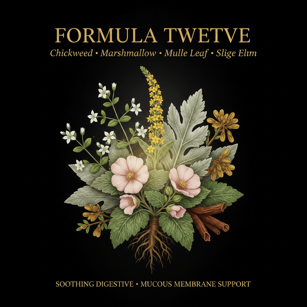 Formula Twelve – Soothing Digestive & Mucous Membrane Support | Chickweed, Marshmallow, Mullein Leaf & Slippery Elm, Tincture, Futures ETC