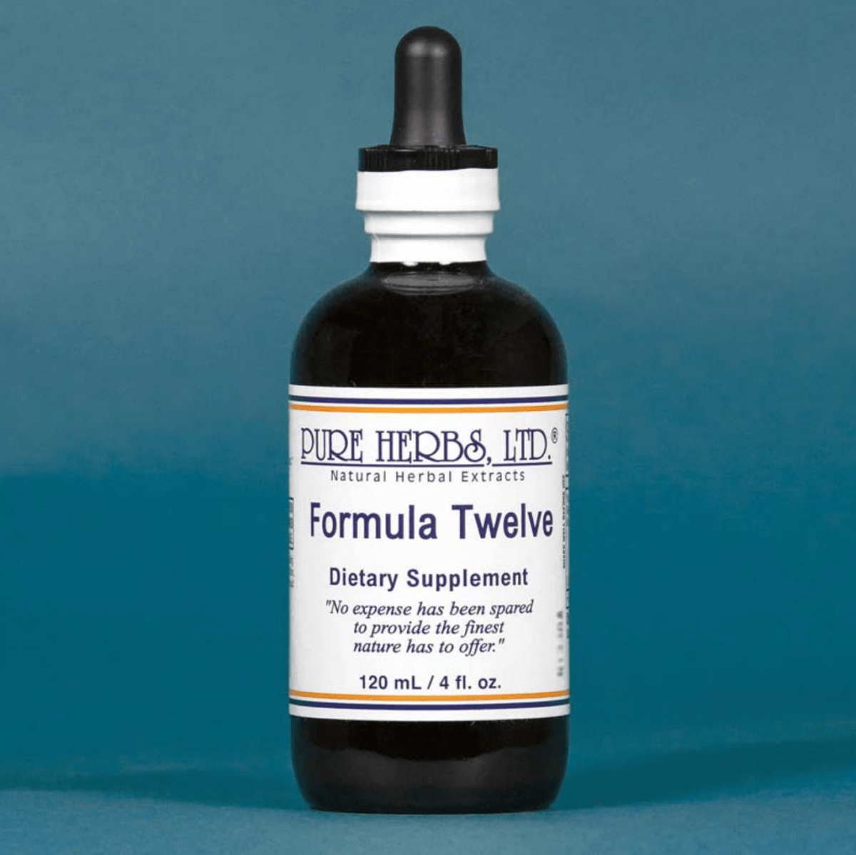 A dark amber glass dropper bottle of Pure Herbs, Ltd. Formula Twelve dietary supplement, set against a solid slate blue background.