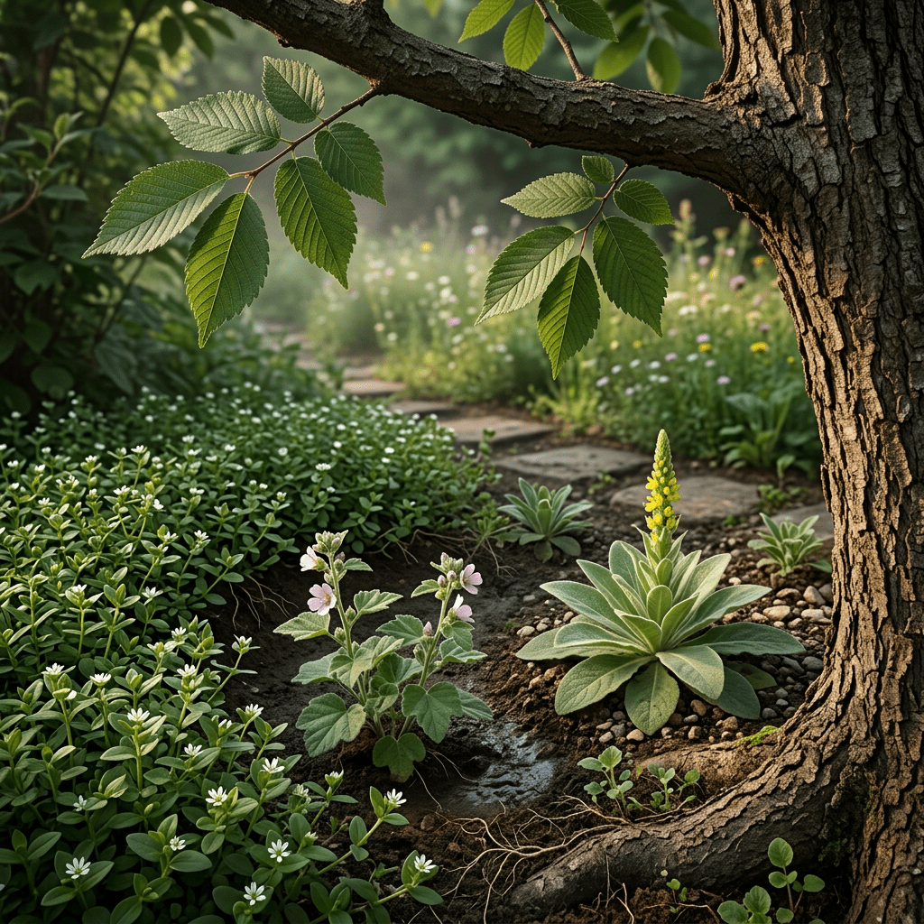 Formula Twelve botanicals growing beneath an elm