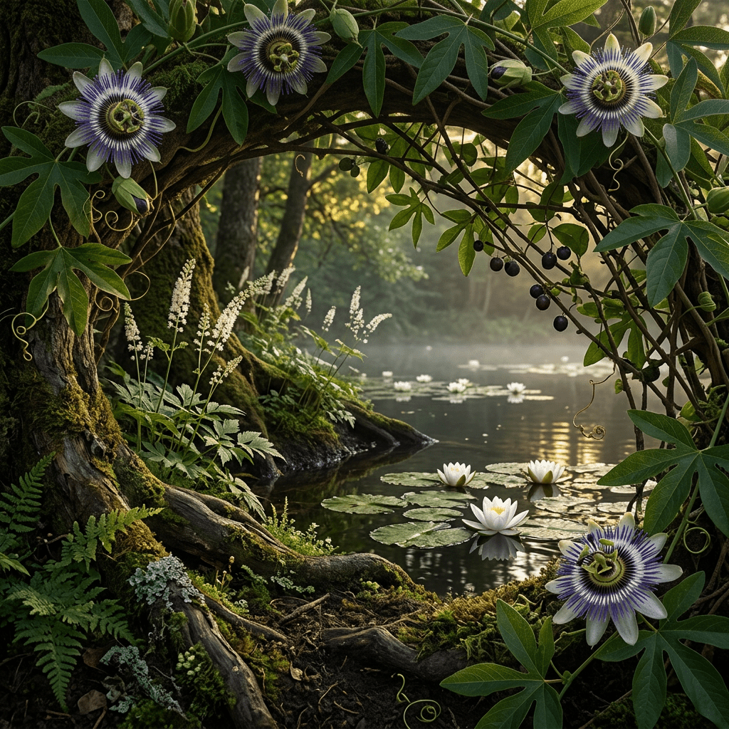 FP-W botanicals framing a misty pond inlet
