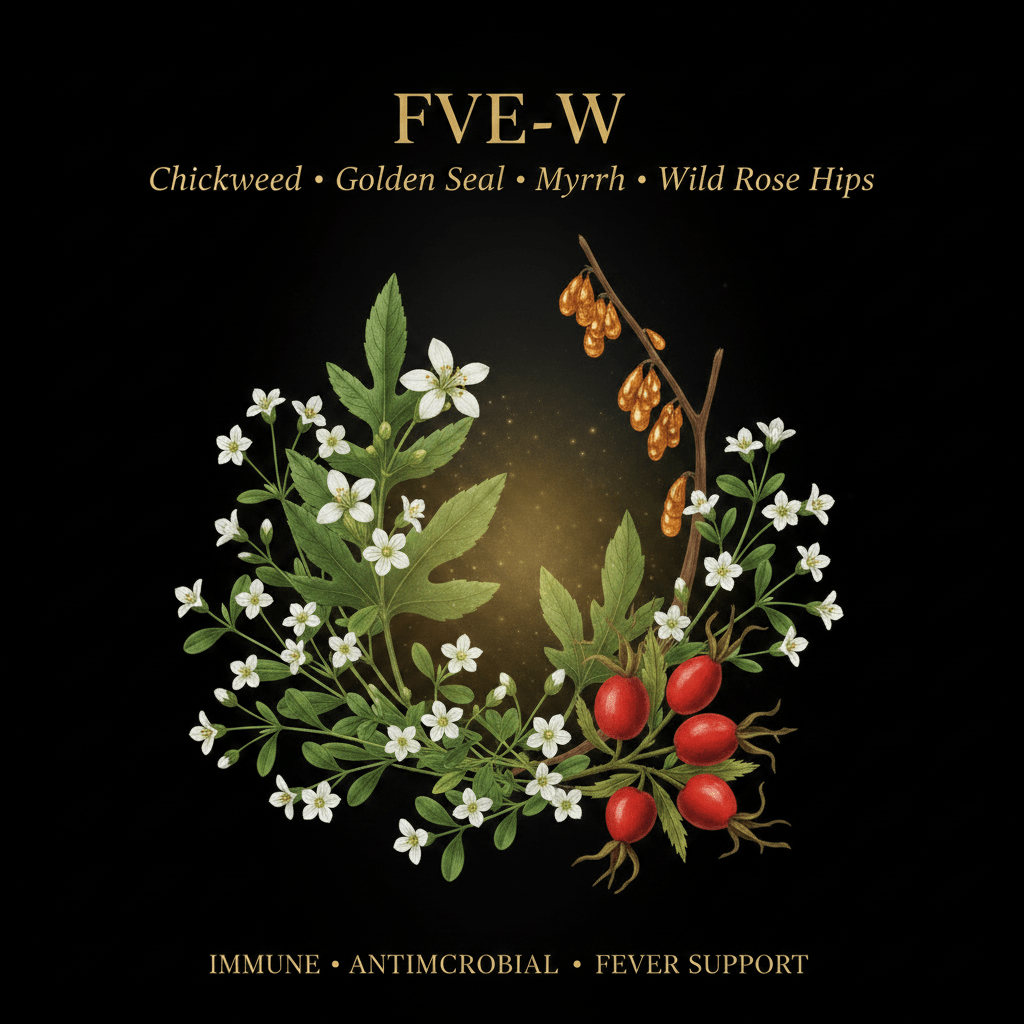 FVE - W – Immune, Antimicrobial & Fever Support | Chickweed, Golden Seal, Myrrh & Wild Rose Hips, Tincture, Futures ETC