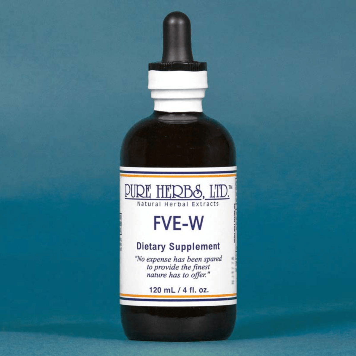 A dark amber glass dropper bottle of Pure Herbs Ltd. FVE-W dietary supplement, featuring a white label with blue text, set against a solid slate blue background.