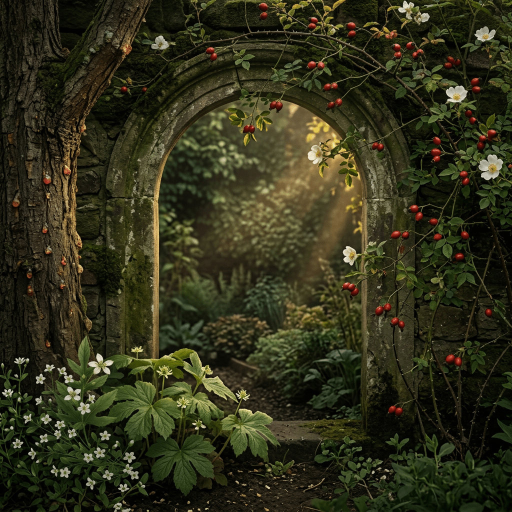 FVE-W botanicals beside a rose-framed stone arch