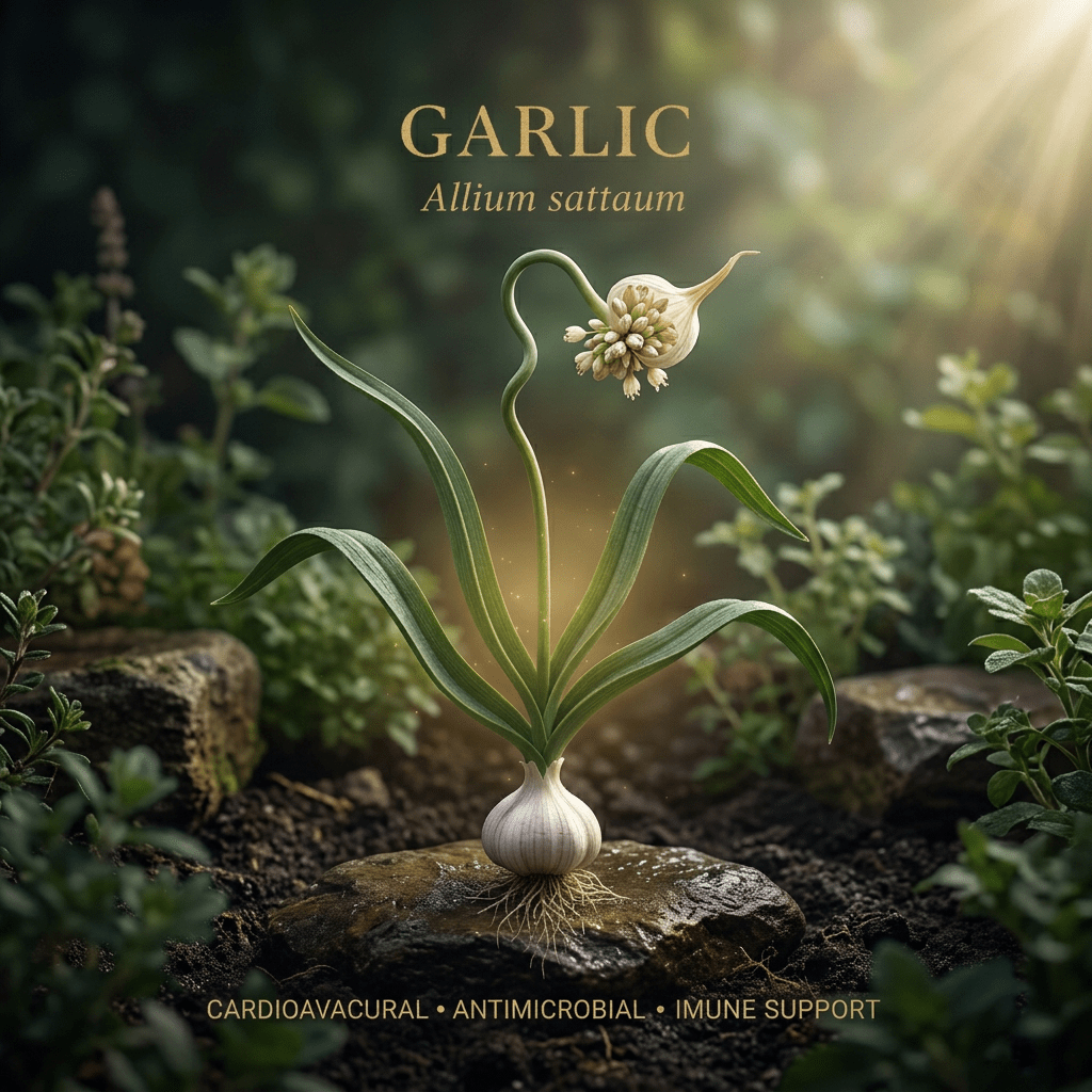 Garlic editorial image in golden botanical light