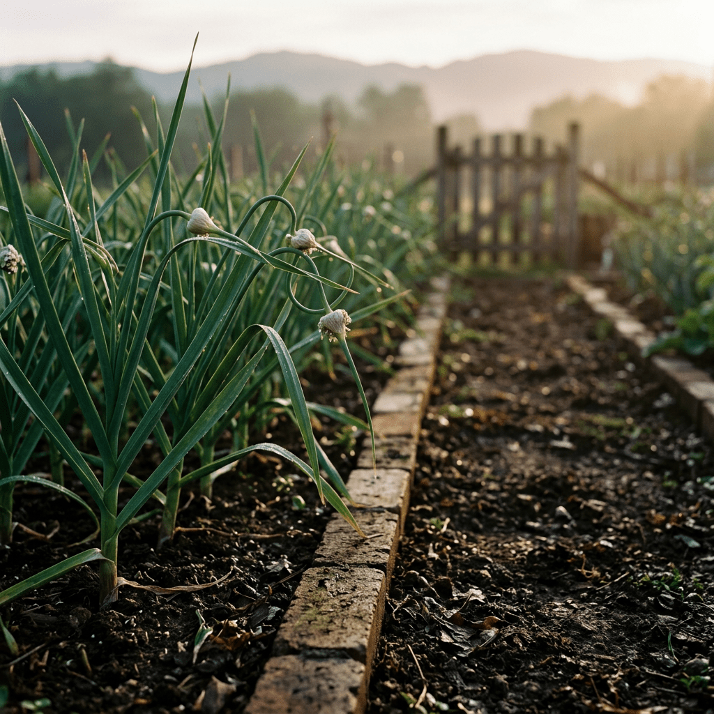 Garlic growing in a kitchen-garden row