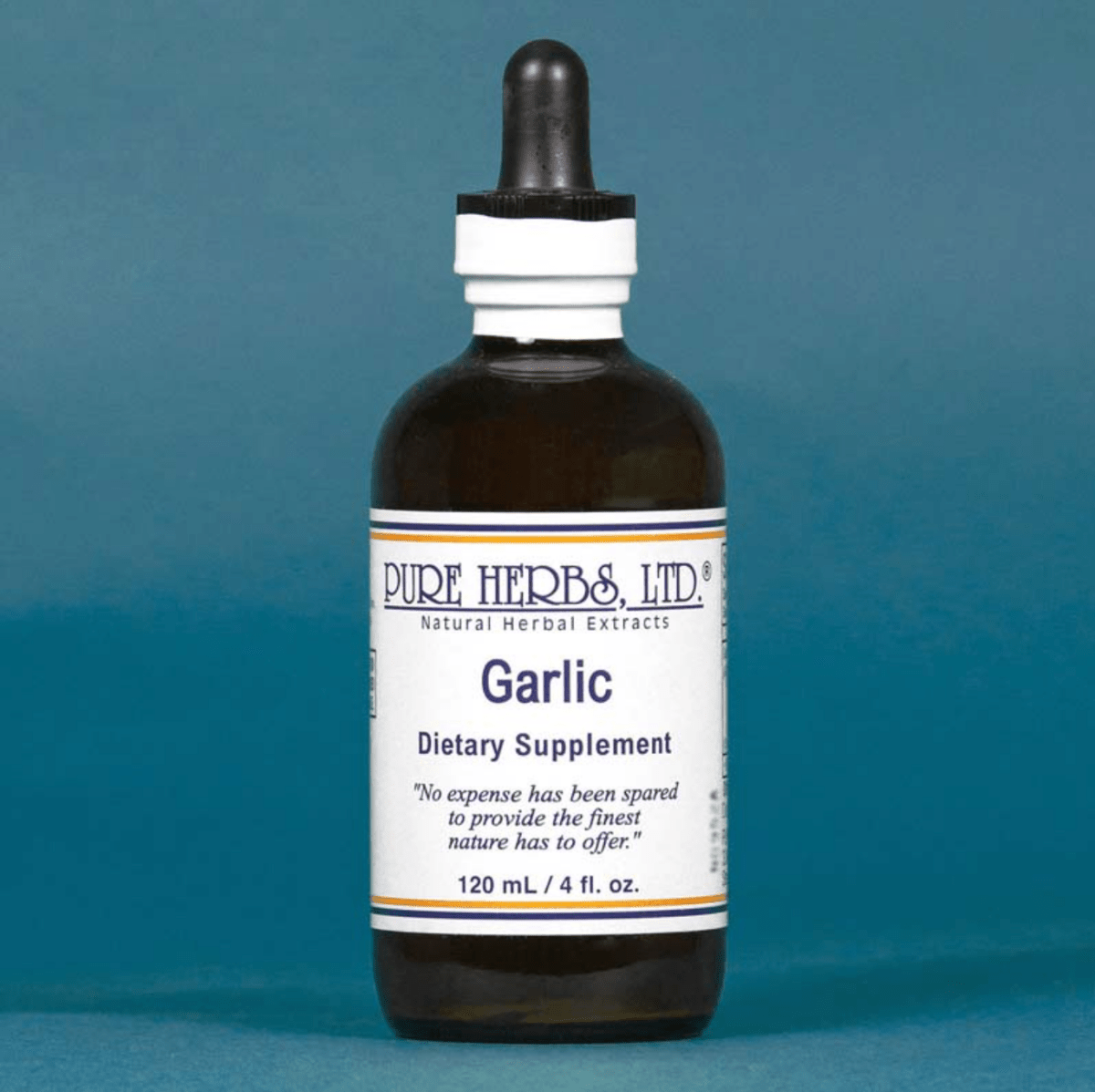 A 120 mL amber glass dropper bottle of Pure Herbs Ltd. Garlic Dietary Supplement, featuring a white label and black dropper cap, set against a solid teal-blue background.