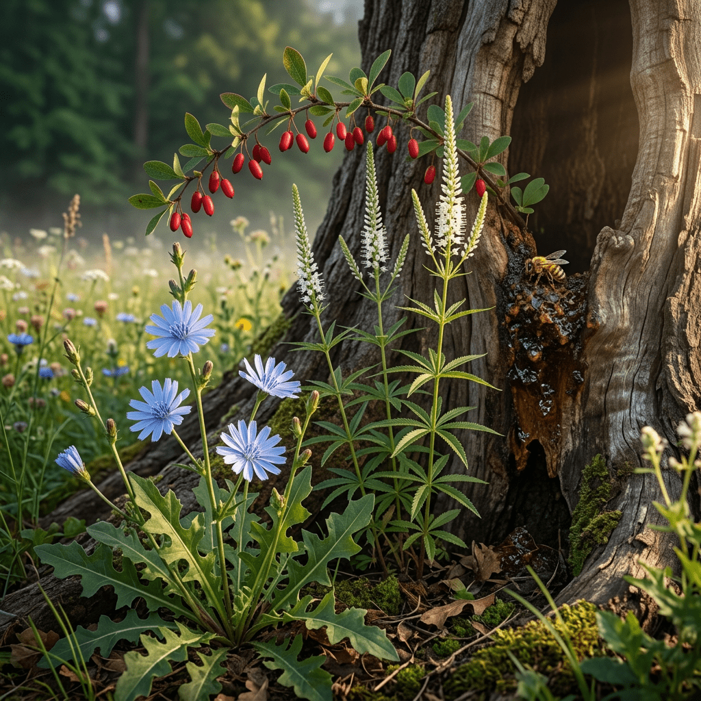 GB-B botanicals beside a hollow tree at a meadow edge