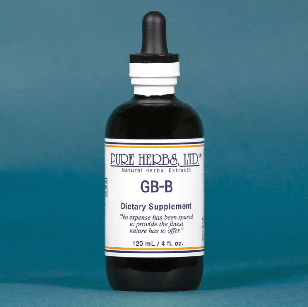A 120 mL bottle of Pure Herbs, Ltd. GB-B dietary supplement, featuring a dark amber glass bottle, white label, and black dropper cap, set against a solid blue background.
