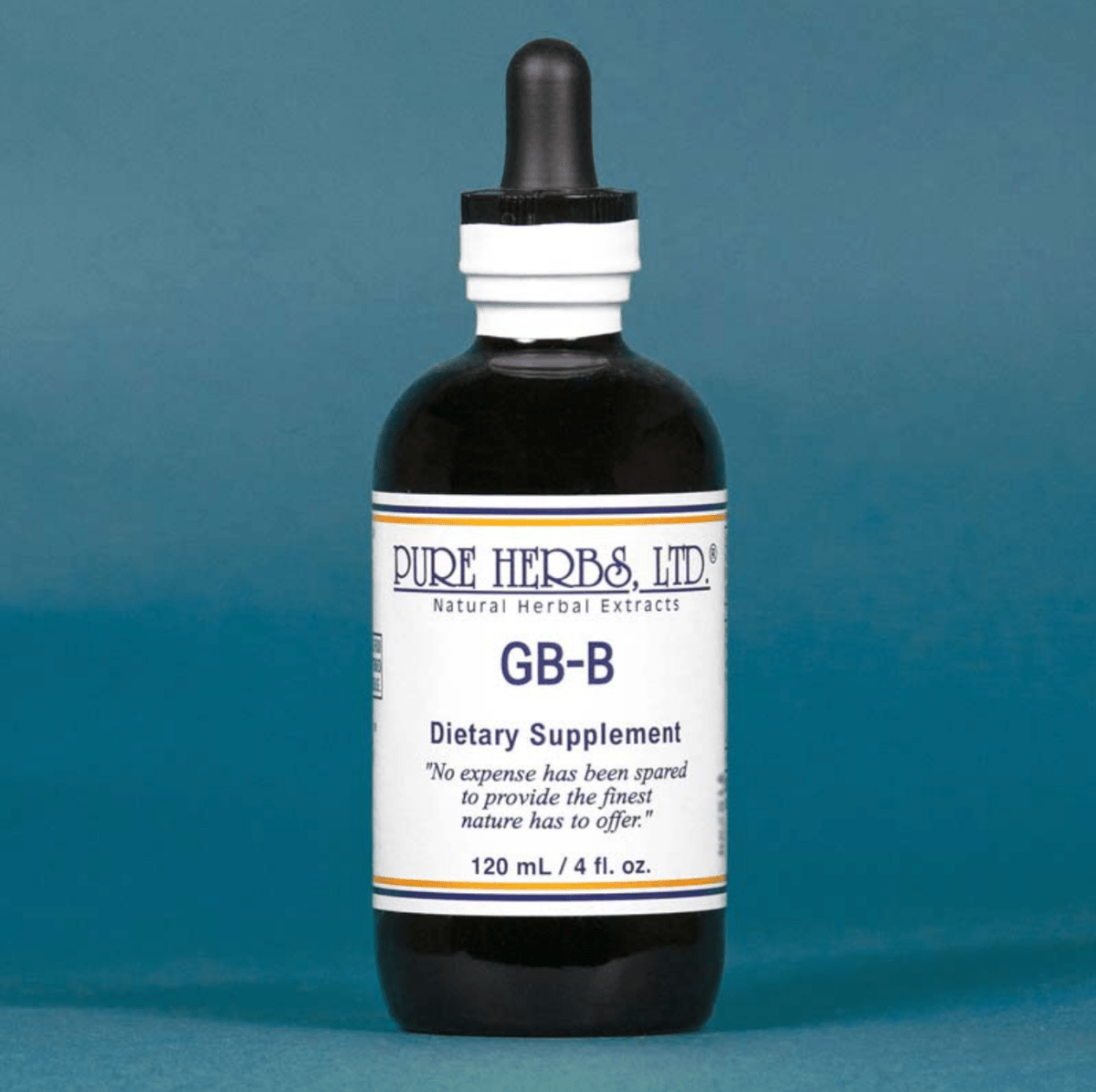 A 120 mL bottle of Pure Herbs, Ltd. GB-B dietary supplement, featuring a dark amber glass bottle, white label, and black dropper cap, set against a solid blue background.
