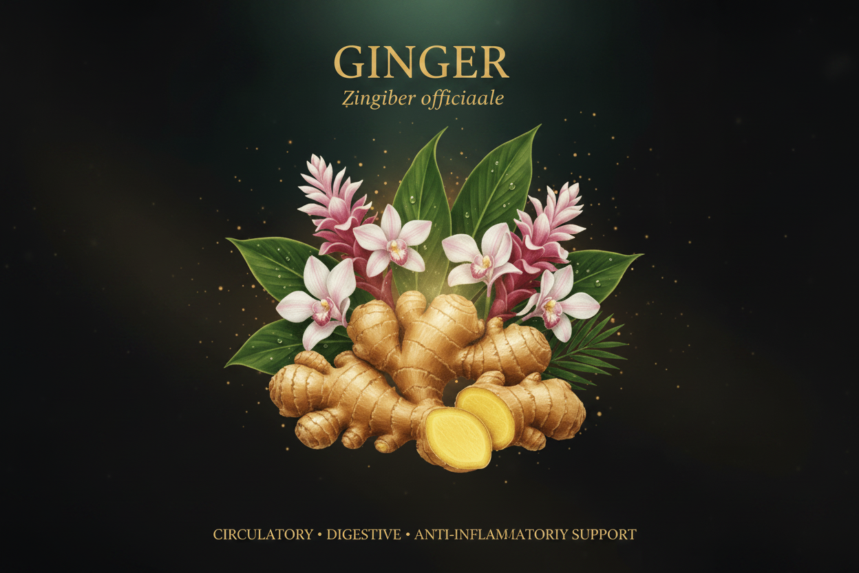 Illustrated ginger root and flowers on a dark background with the text 'GINGER Zingiber officinale' and additional supportive claims at the bottom.