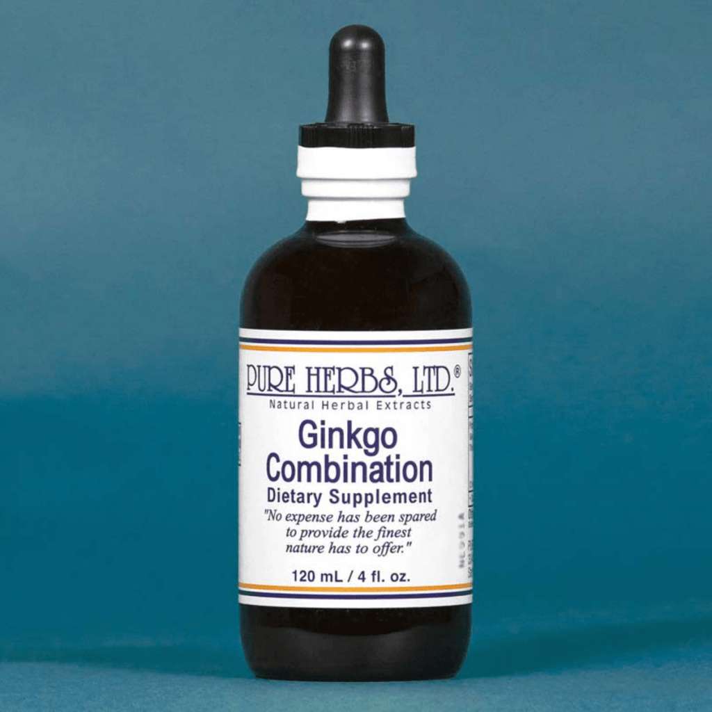 A dark amber glass dropper bottle of Pure Herbs Ltd. Ginkgo Combination dietary supplement, set against a solid blue background.