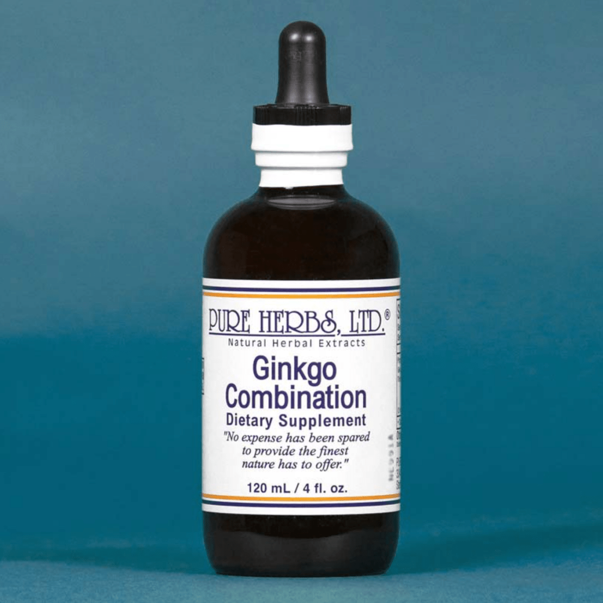 A dark amber glass dropper bottle of Pure Herbs Ltd. Ginkgo Combination dietary supplement, set against a solid blue background.