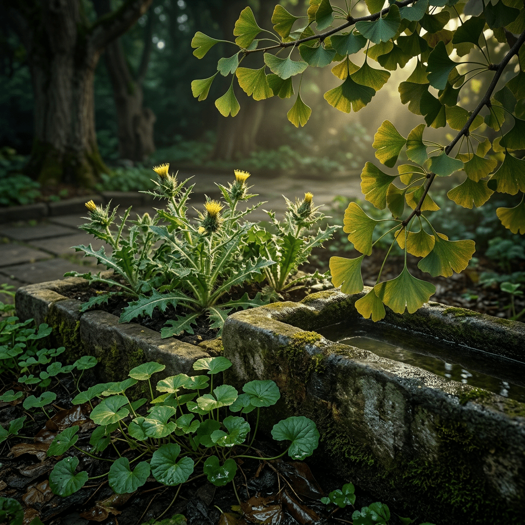Ginkgo Combination botanicals beside a stone water trough