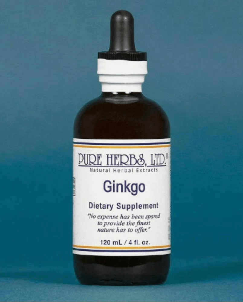 A 120 mL amber glass dropper bottle of Pure Herbs & Ltd. Ginkgo dietary supplement, featuring a white label and black dropper cap, set against a solid teal-blue background.