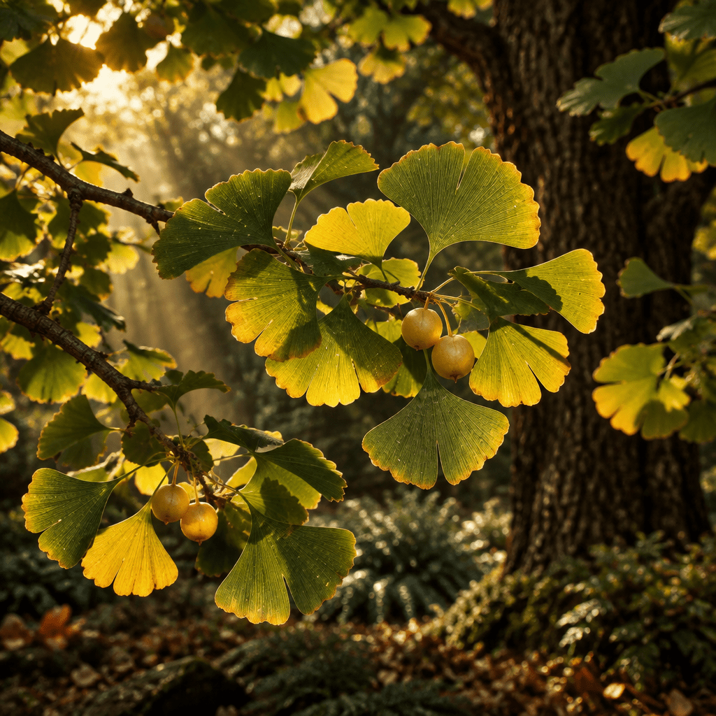 Ginkgo growing naturally in a moody woodland garden
