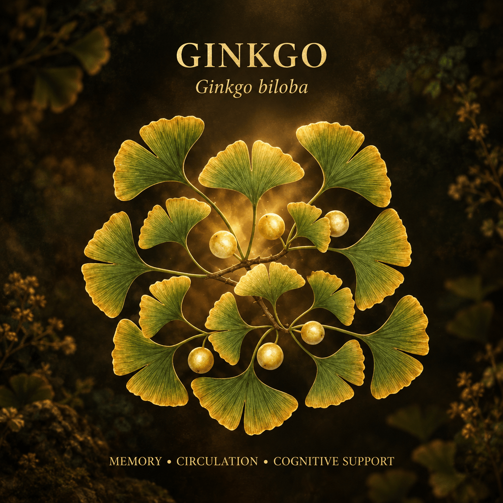 Ginkgo botanical editorial image with gold serif text